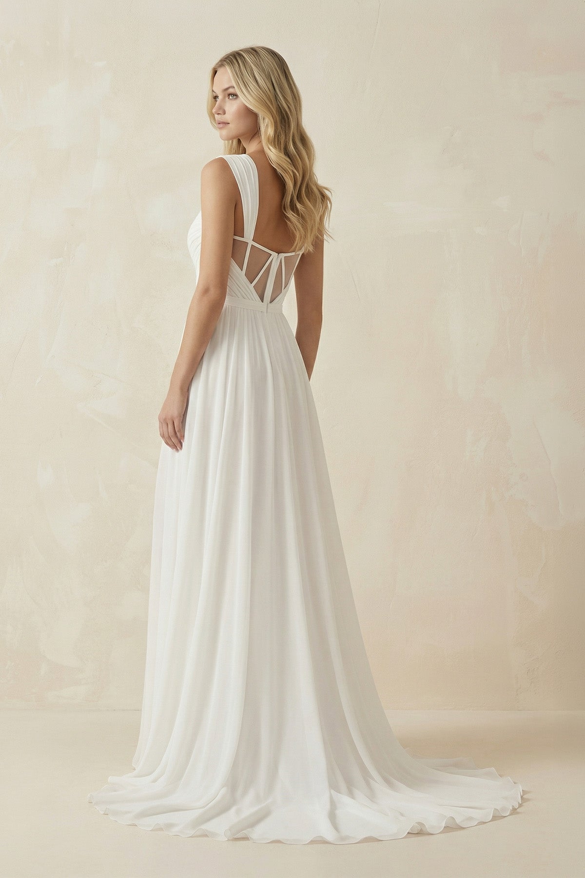 A-Line Square Neckline Sleeveless Chiffon Wedding Dresses With High Split - Curvevia