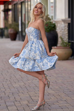 A-Line Strapless Blue Satin Short Wedding Guest Dress - Curvevia