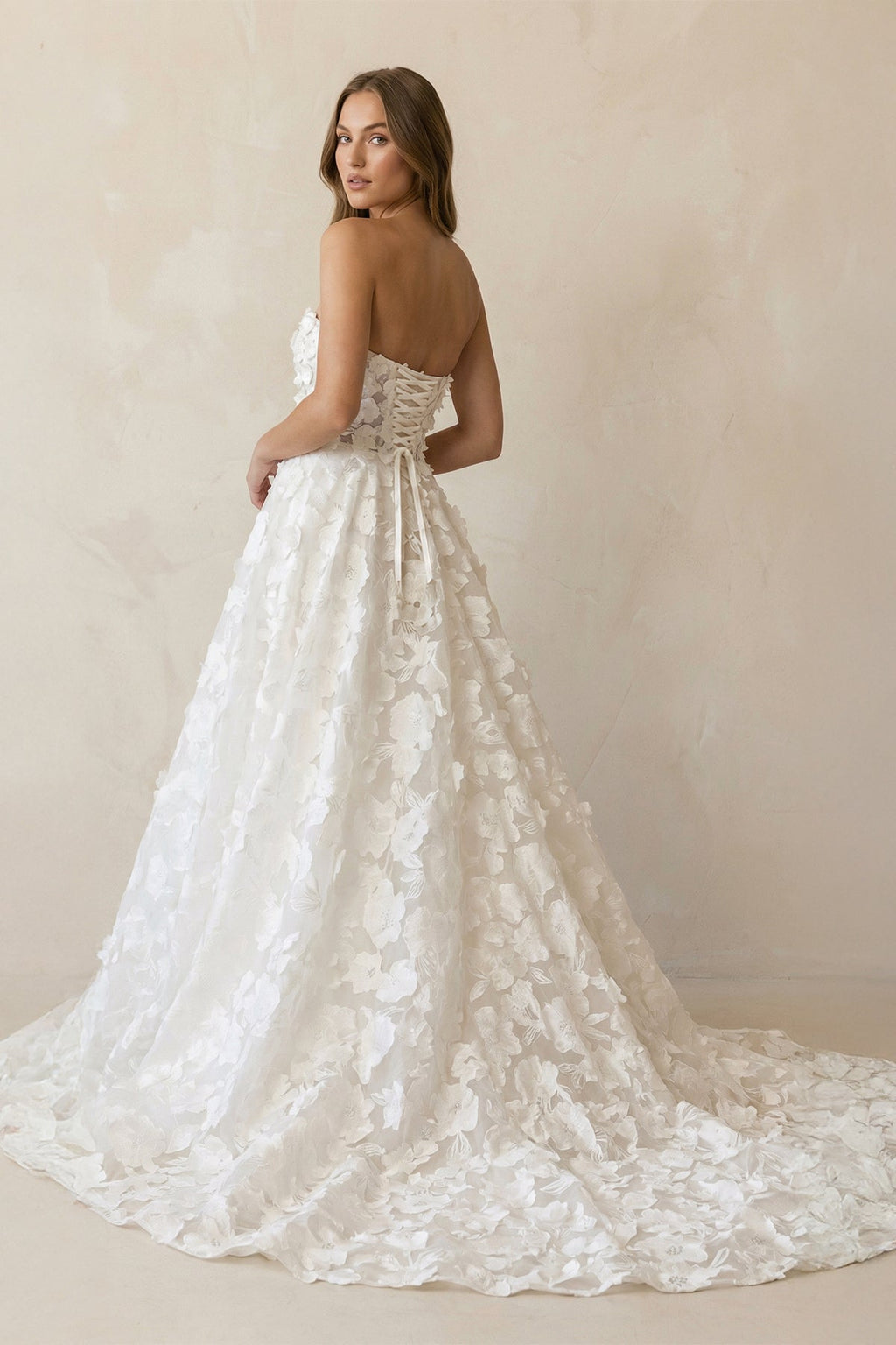 A-Line Strapless Floral Lace Wedding Dresses - Curvevia