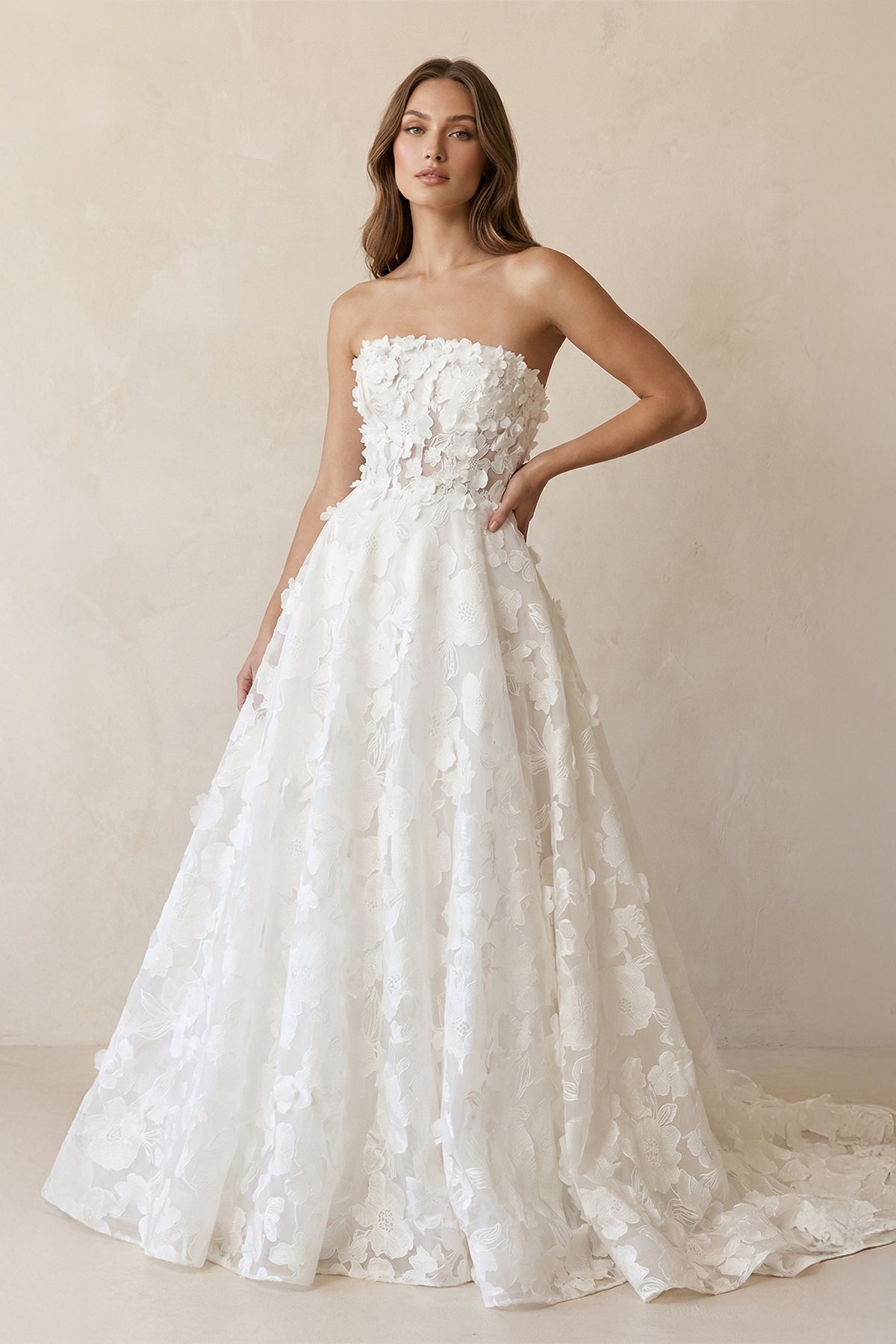 A-Line Strapless Floral Lace Wedding Dresses - Curvevia