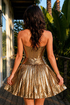 A-Line Strapless Gold Satin Pleated Short Wedding Guest Dress - Curvevia
