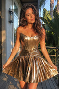 A-Line Strapless Gold Satin Pleated Short Wedding Guest Dress - Curvevia