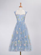 A Line Sweetheart Dusty Blue Long Wedding Guest Dress with Embroidery - Curvevia