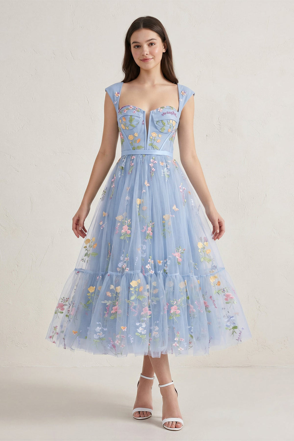 A Line Sweetheart Dusty Blue Long Wedding Guest Dress with Embroidery - Curvevia