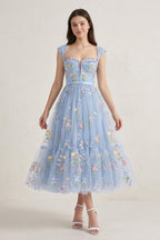A Line Sweetheart Dusty Blue Long Wedding Guest Dress with Embroidery - Curvevia