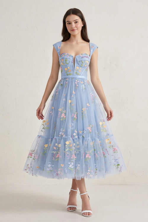 A Line Sweetheart Dusty Blue Long Wedding Guest Dress with Embroidery - Curvevia
