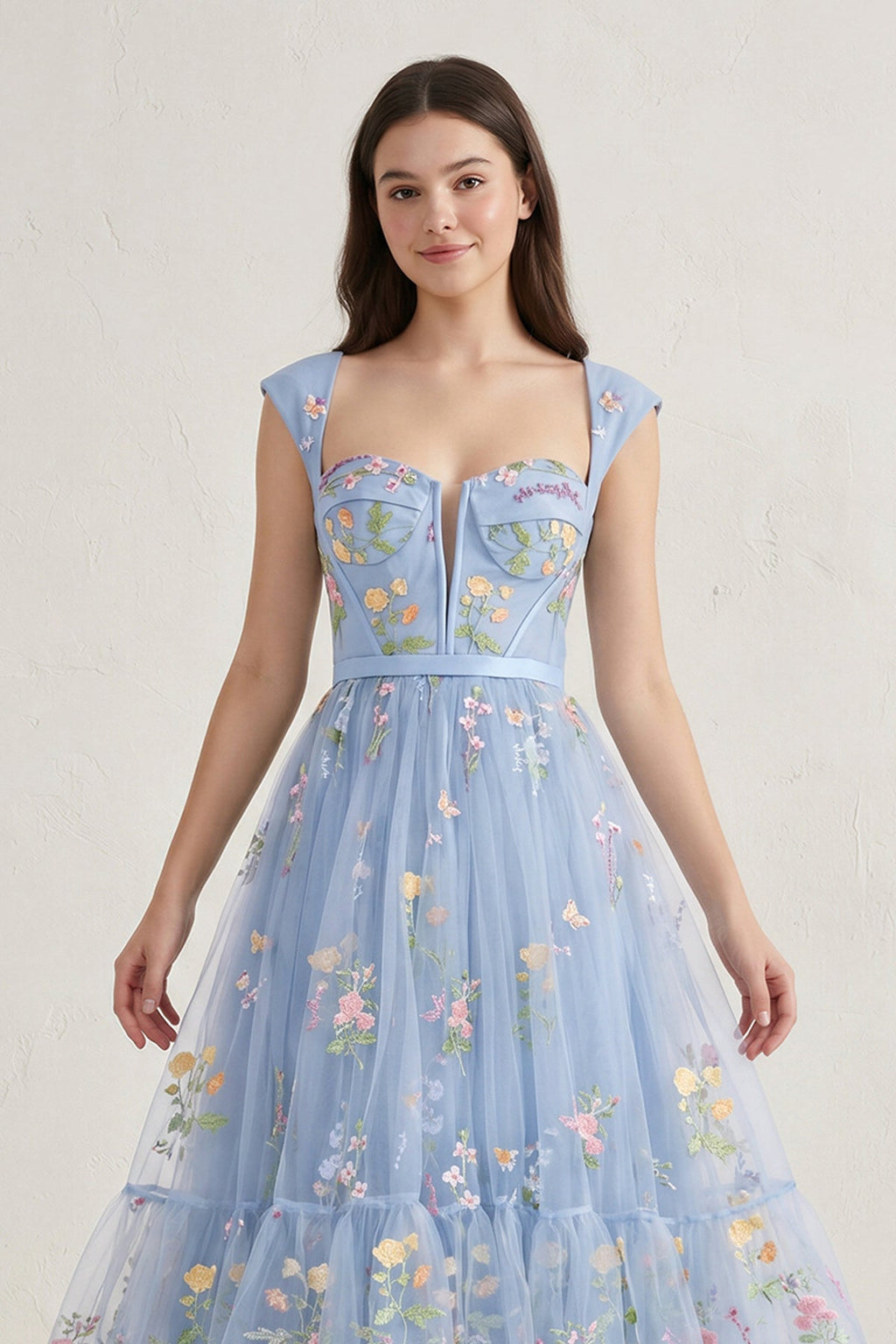 A Line Sweetheart Dusty Blue Long Wedding Guest Dress with Embroidery - Curvevia