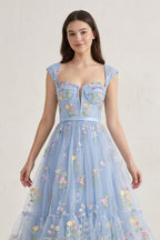 A Line Sweetheart Dusty Blue Long Wedding Guest Dress with Embroidery - Curvevia