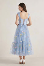 A Line Sweetheart Dusty Blue Long Wedding Guest Dress with Embroidery - Curvevia