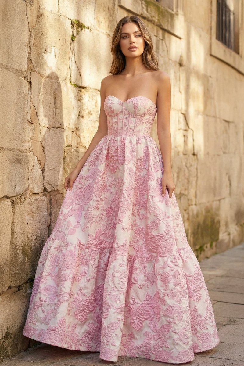 A-Line Sweetheart Floral Printed Long Prom Dresses - Curvevia