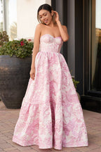 A-Line Sweetheart Floral Printed Long Prom Dresses - Curvevia