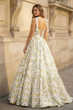 A-Line Spaghetti Straps Floral Printed Satin Long Wedding Guest Dress - Curvevia