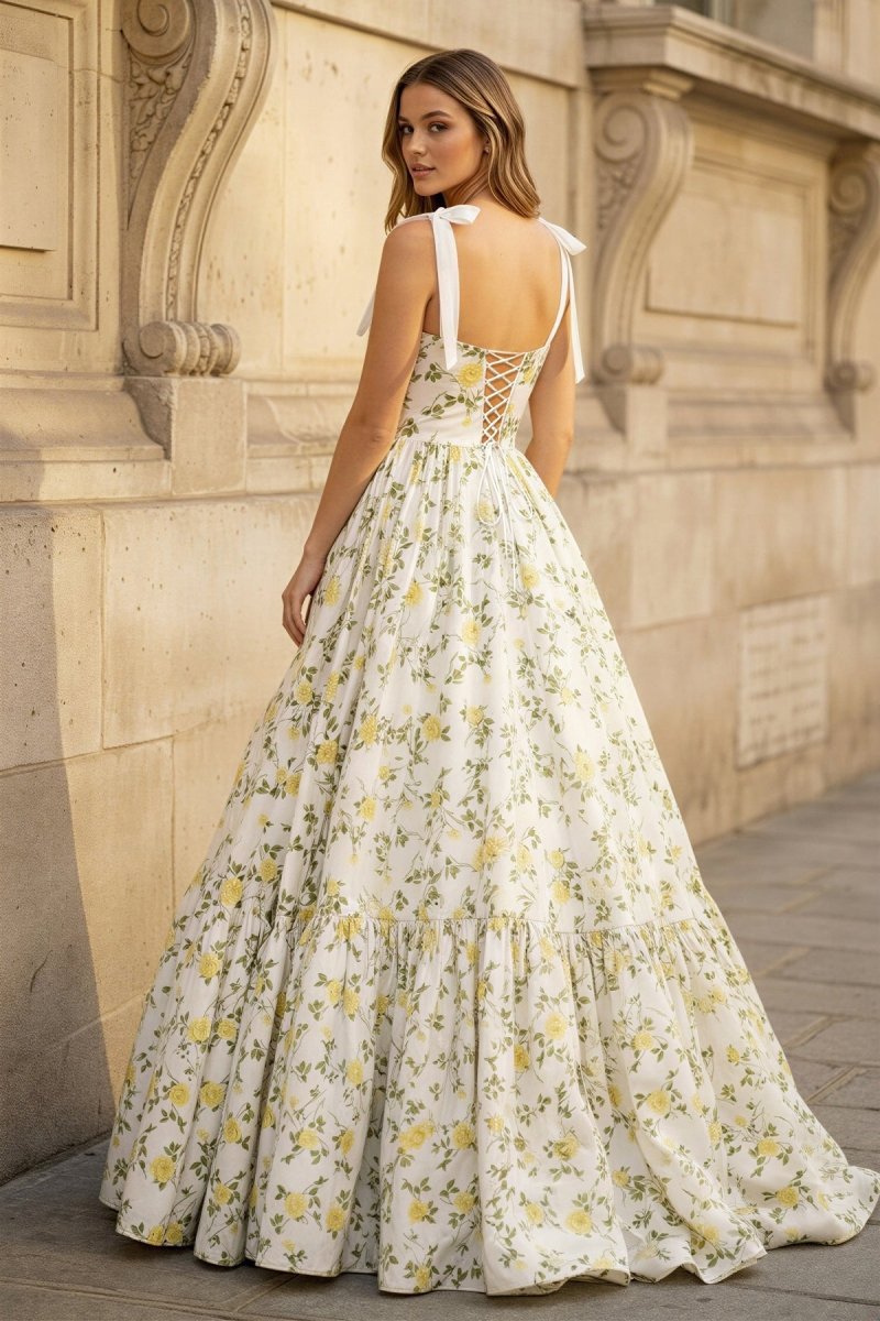 A-Line Spaghetti Straps Floral Printed Satin Long Wedding Guest Dress - Curvevia