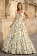 A-Line Spaghetti Straps Floral Printed Satin Long Wedding Guest Dress - Curvevia