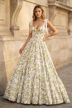 A-Line Spaghetti Straps Floral Printed Satin Long Wedding Guest Dress - Curvevia