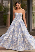 A-Line Sweetheart Floral Printed Long Prom Dresses - Curvevia
