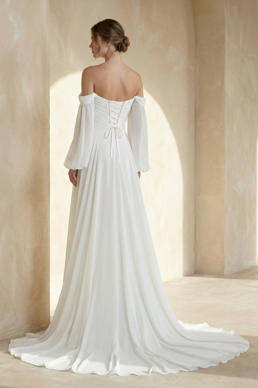 A-Line Sweetheart Long Sleeves Chiffon Sweep Train Wedding Dress - Curvevia