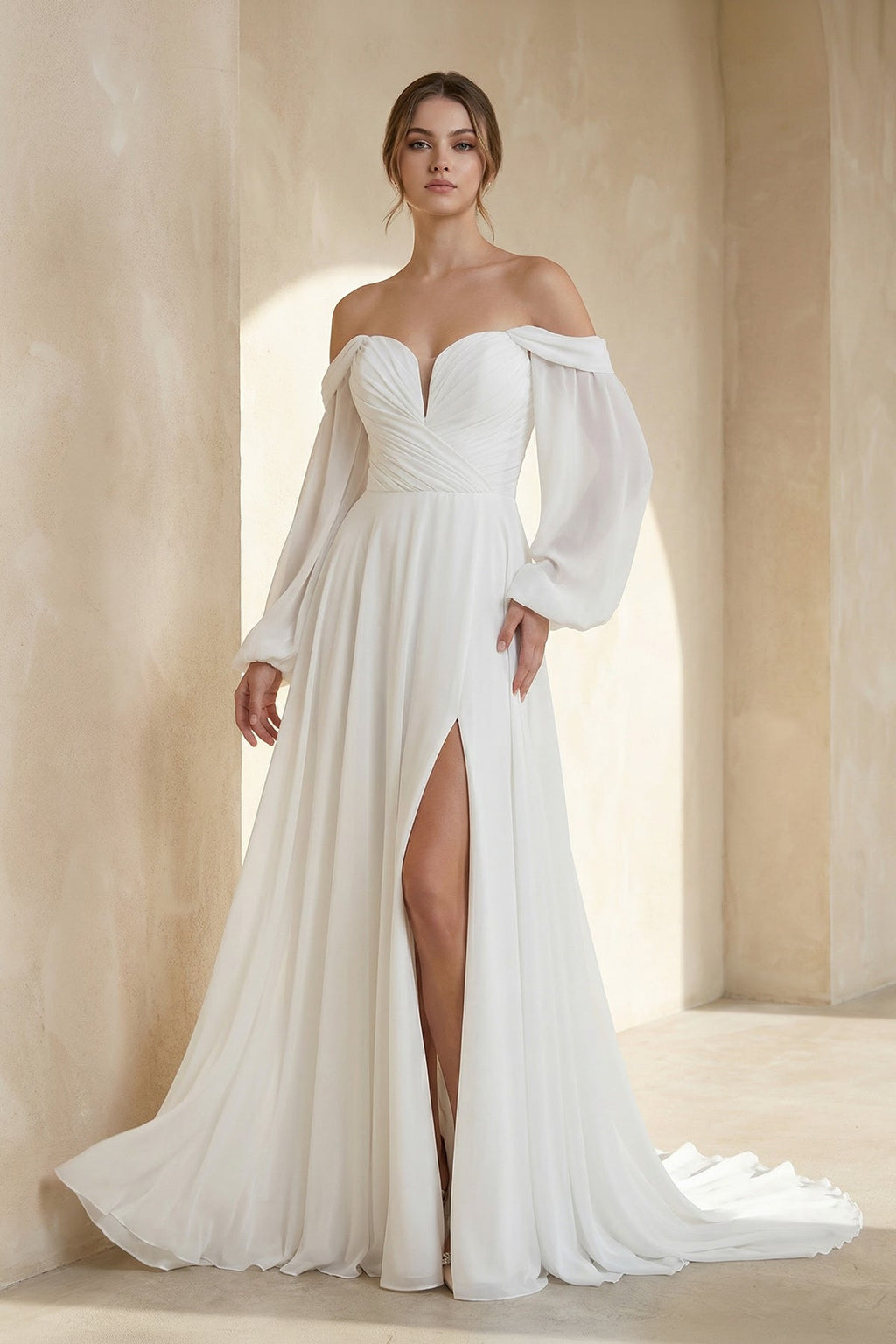 A-Line Sweetheart Long Sleeves Chiffon Sweep Train Wedding Dress - Curvevia