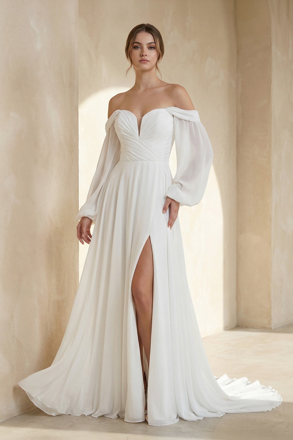 A-Line Sweetheart Long Sleeves Chiffon Sweep Train Wedding Dress - Curvevia