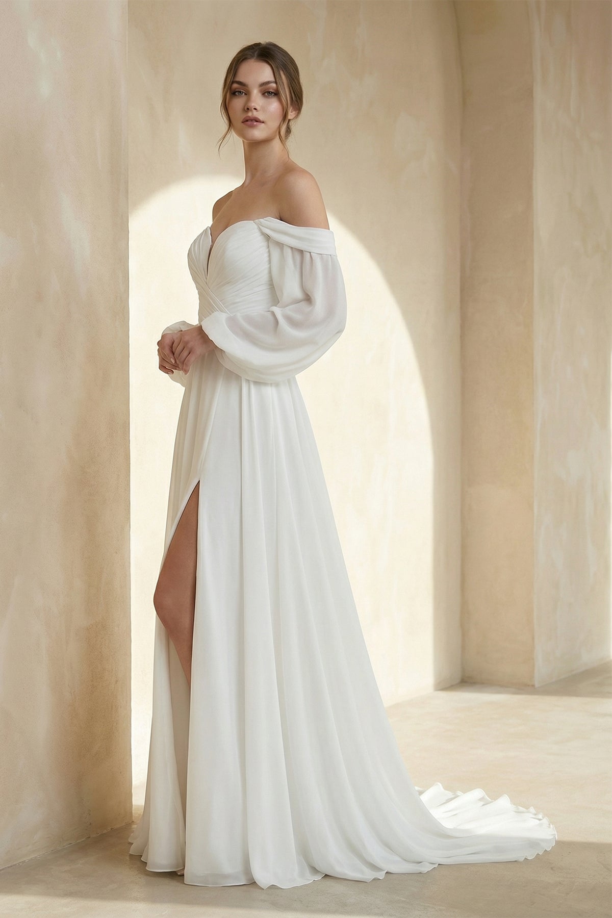 A-Line Sweetheart Long Sleeves Chiffon Sweep Train Wedding Dress - Curvevia