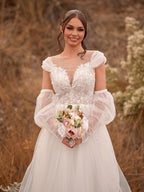 A-Line Sweetheart Long Sleeves Elegant Tulle Wedding Dresses With Appliques Lace - Curvevia