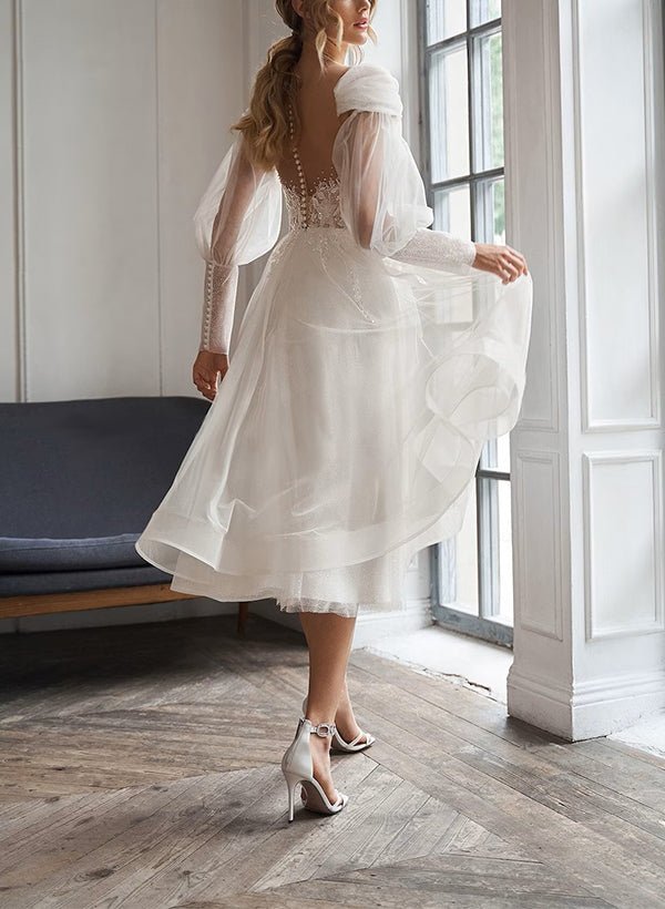 A-Line Sweetheart Long Sleeves Elegant Tulle Wedding Dresses With Appliques Lace - Curvevia