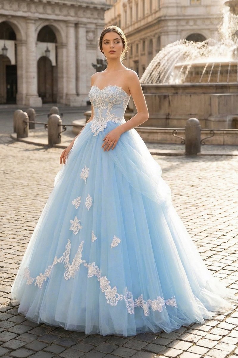 A-Line Lace Sweetheart Neck Blue Long Prom Dress - Curvevia