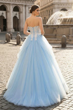 A-Line Lace Sweetheart Neck Blue Long Prom Dress - Curvevia