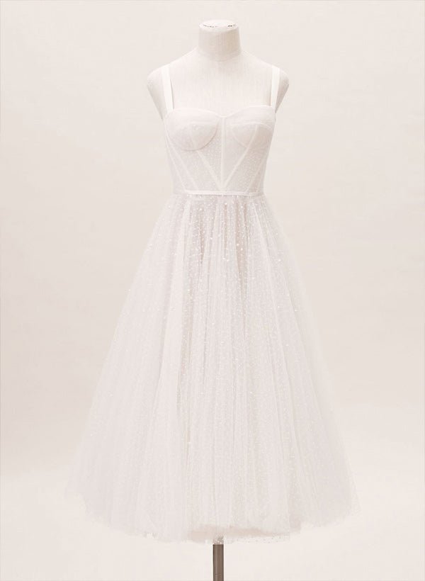 A-Line Sweetheart Sleeveless Tulle Tea-Length Wedding Dresses With Pleated - Curvevia