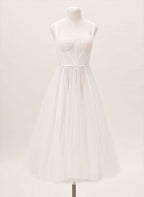 A-Line Sweetheart Sleeveless Tulle Tea-Length Wedding Dresses With Pleated - Curvevia