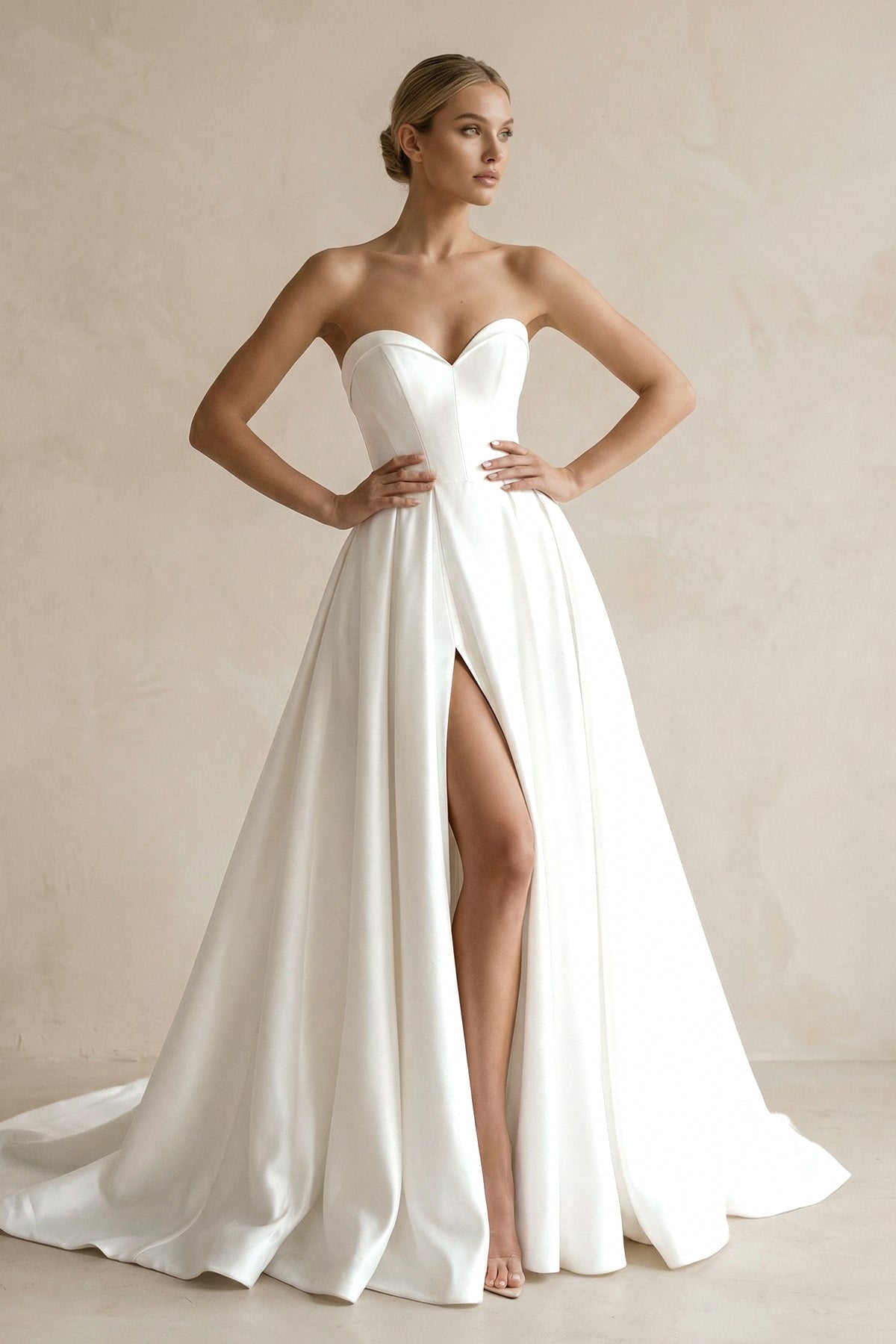 A-Line Sweetheart White Satin Wedding Dresses With Slit - Curvevia