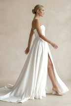A-Line Sweetheart White Satin Wedding Dresses With Slit - Curvevia