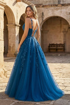 A Line Ink Blue Glitter Tulle Lace Wedding Guest Dress - Curvevia