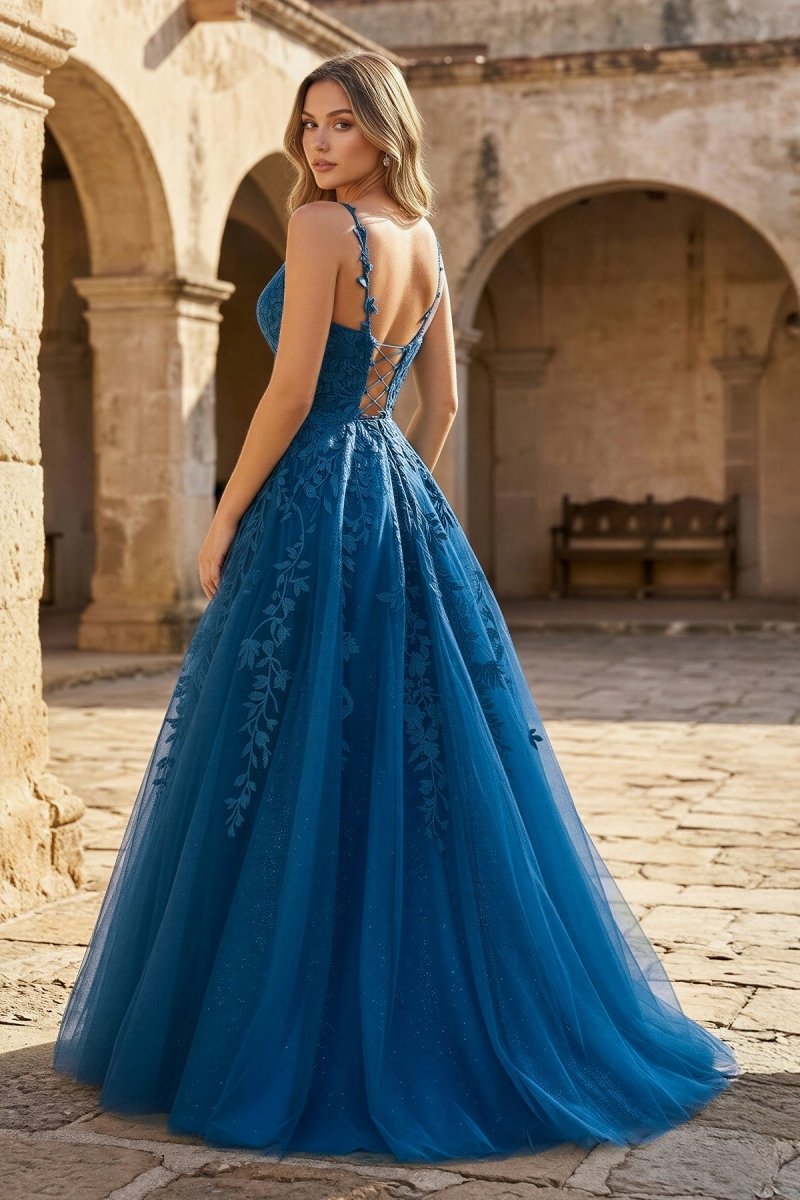 A Line Ink Blue Glitter Tulle Lace Wedding Guest Dress - Curvevia