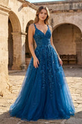 A Line Ink Blue Glitter Tulle Lace Wedding Guest Dress - Curvevia