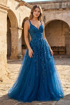 A Line Ink Blue Glitter Tulle Lace Wedding Guest Dress - Curvevia