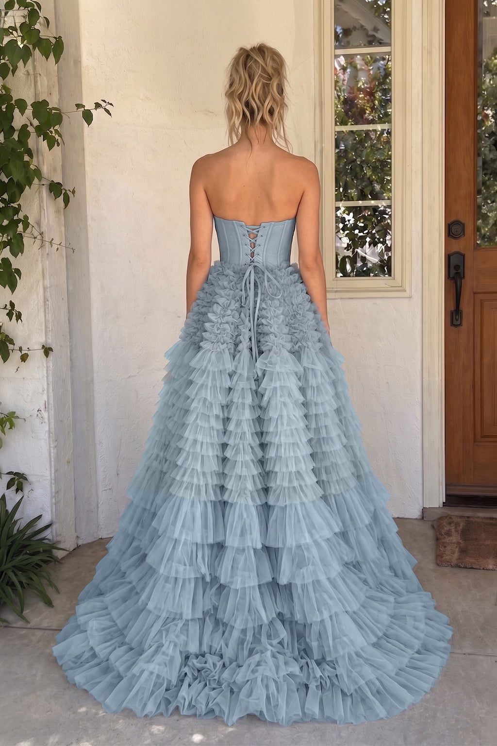 A Line Sweetheart Tiered Ruffled Tulle Long Prom Dress - Curvevia