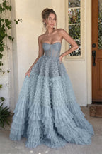 A Line Sweetheart Tiered Ruffled Tulle Long Prom Dress - Curvevia