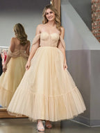 A-Line Tulle Sweetheart Tea-Length Wedding Guest Dress - Curvevia