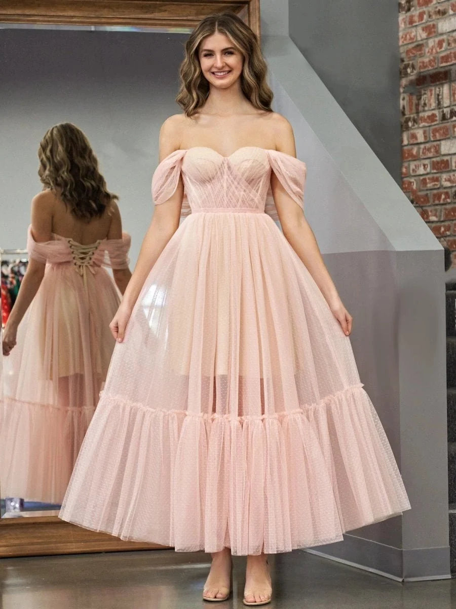 A-Line Tulle Sweetheart Tea-Length Wedding Guest Dress - Curvevia