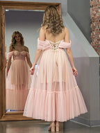 A-Line Tulle Sweetheart Tea-Length Wedding Guest Dress - Curvevia
