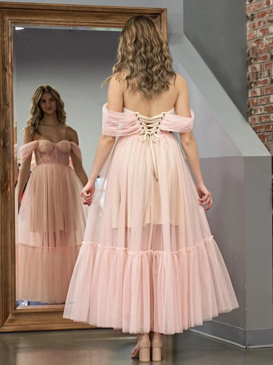 A-Line Tulle Sweetheart Tea-Length Wedding Guest Dress - Curvevia