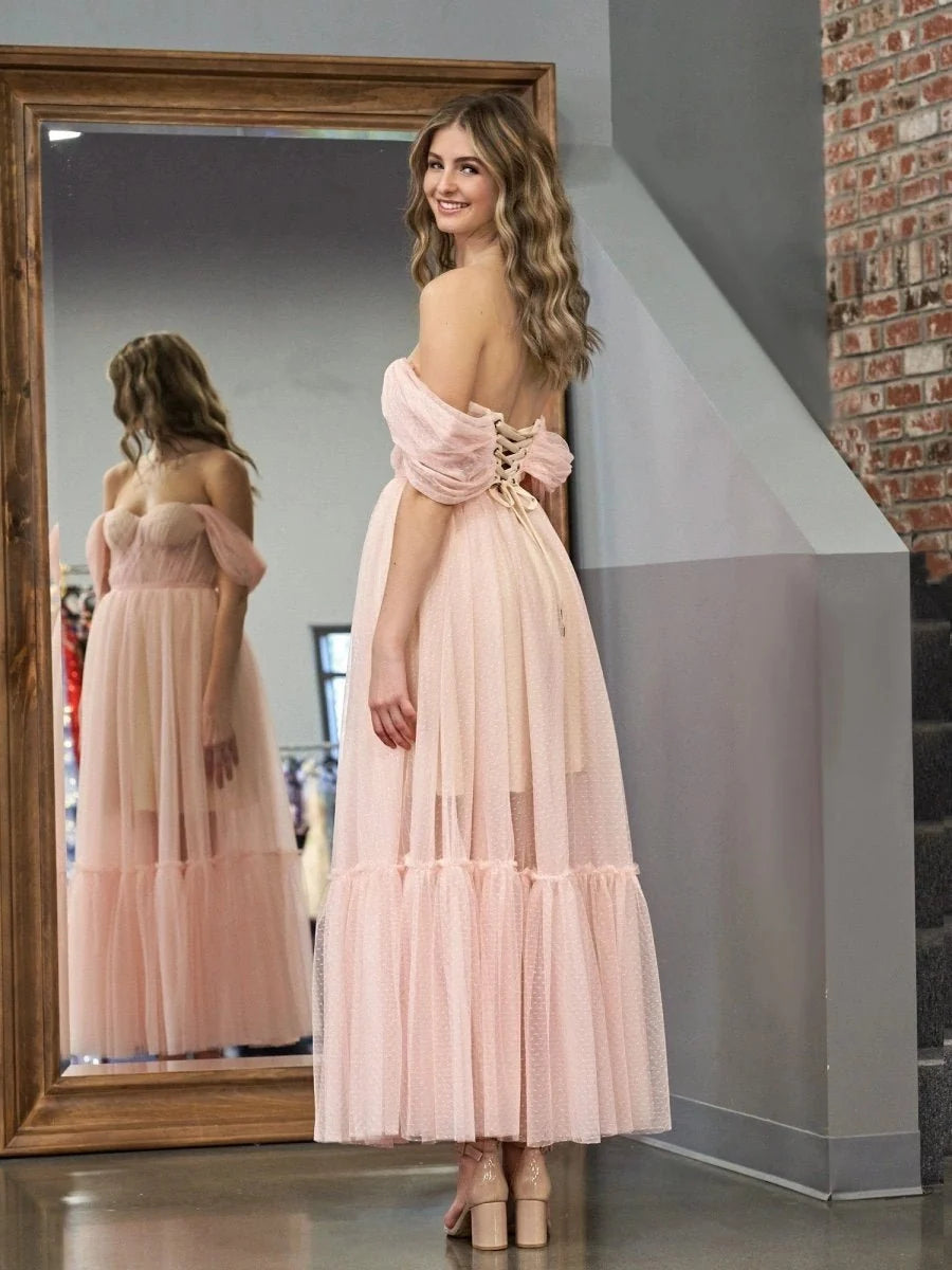 A-Line Tulle Sweetheart Tea-Length Wedding Guest Dress - Curvevia