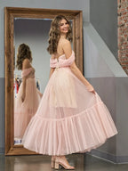 A-Line Tulle Sweetheart Tea-Length Wedding Guest Dress - Curvevia