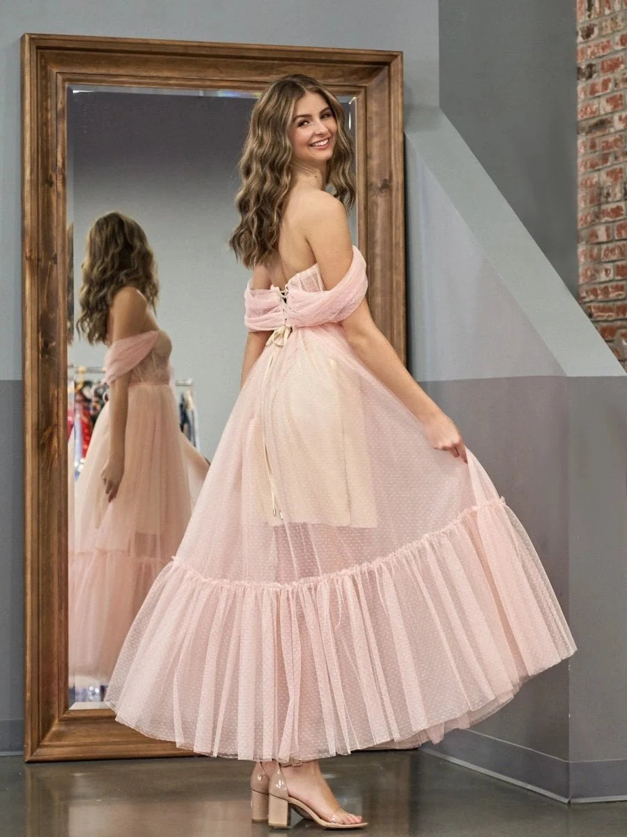 A-Line Tulle Sweetheart Tea-Length Wedding Guest Dress - Curvevia