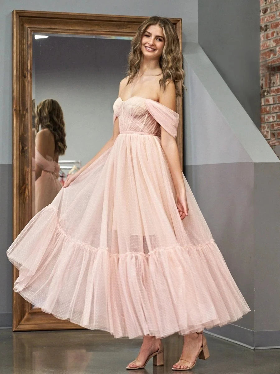 A-Line Tulle Sweetheart Tea-Length Wedding Guest Dress - Curvevia