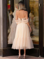 A-Line Tulle Sweetheart Tea-Length Wedding Guest Dress - Curvevia