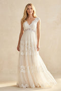 V-Neck Long Cap-Sleeve Appliqued Lace Tulle Wedding Dress - Curvevia