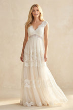 V-Neck Long Cap-Sleeve Appliqued Lace Tulle Wedding Dress - Curvevia