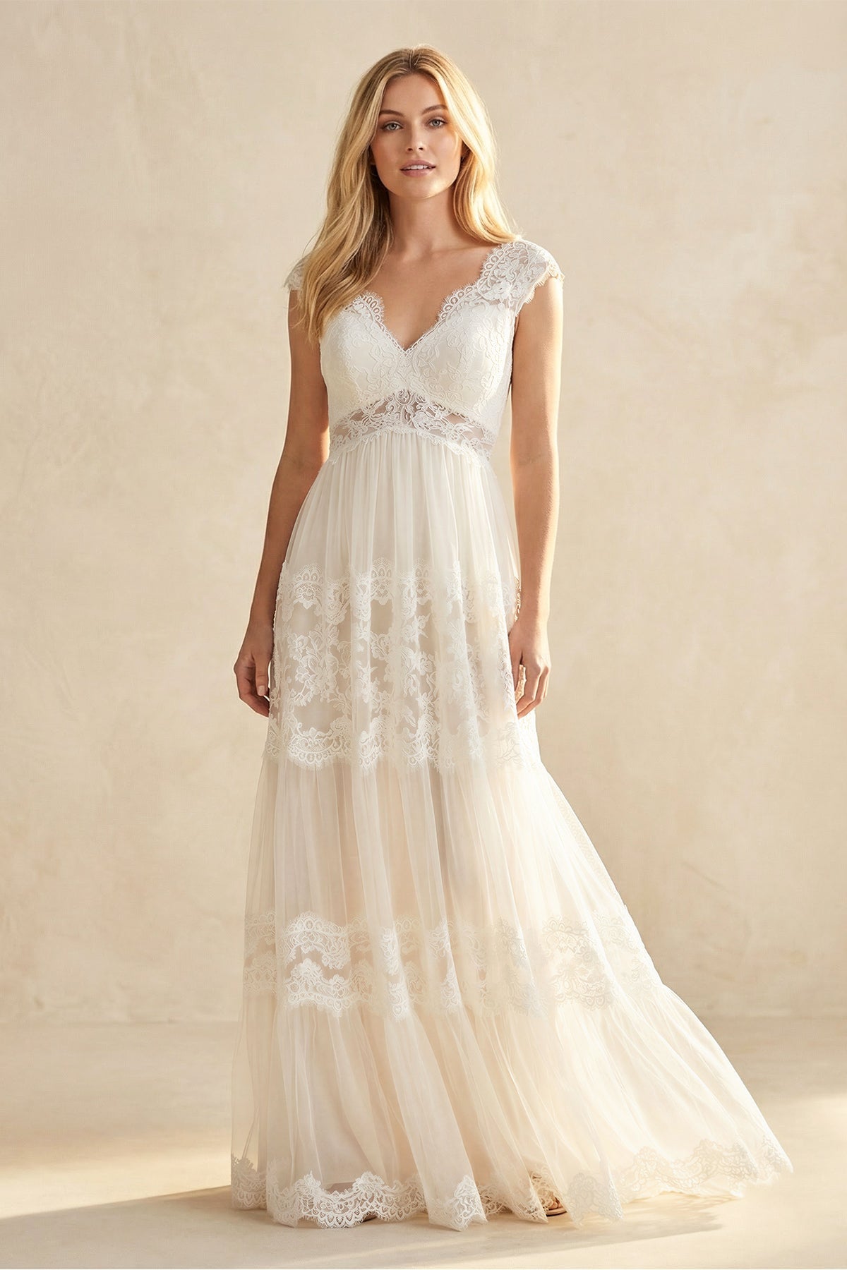 V-Neck Long Cap-Sleeve Appliqued Lace Tulle Wedding Dress - Curvevia
